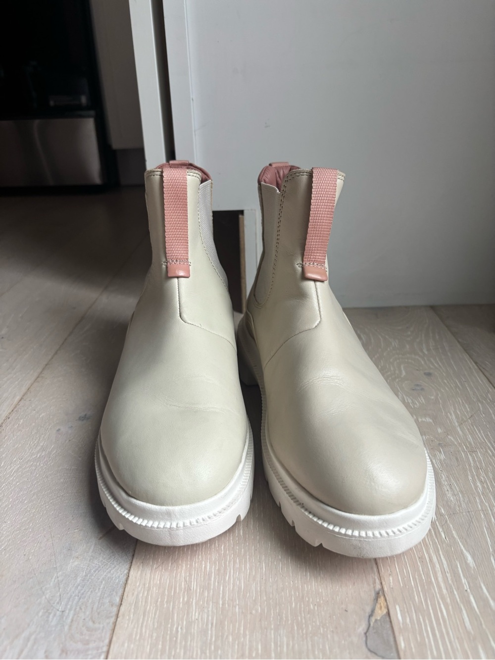 OluKai Cream Chelsea Boots with Pink Pull Tabs